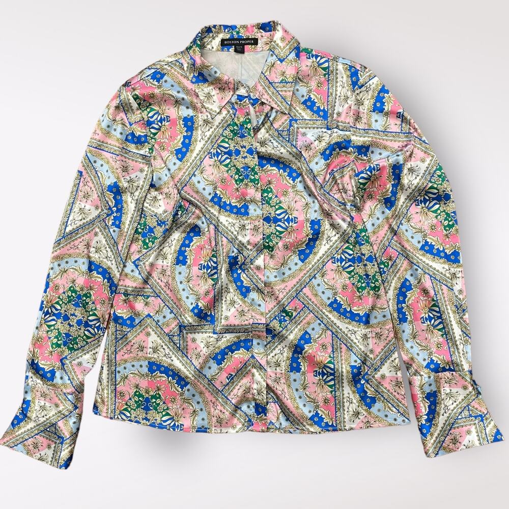 Boston Proper Baroque Scroll Print Button Up Charmeuse Blouse Top Size 12